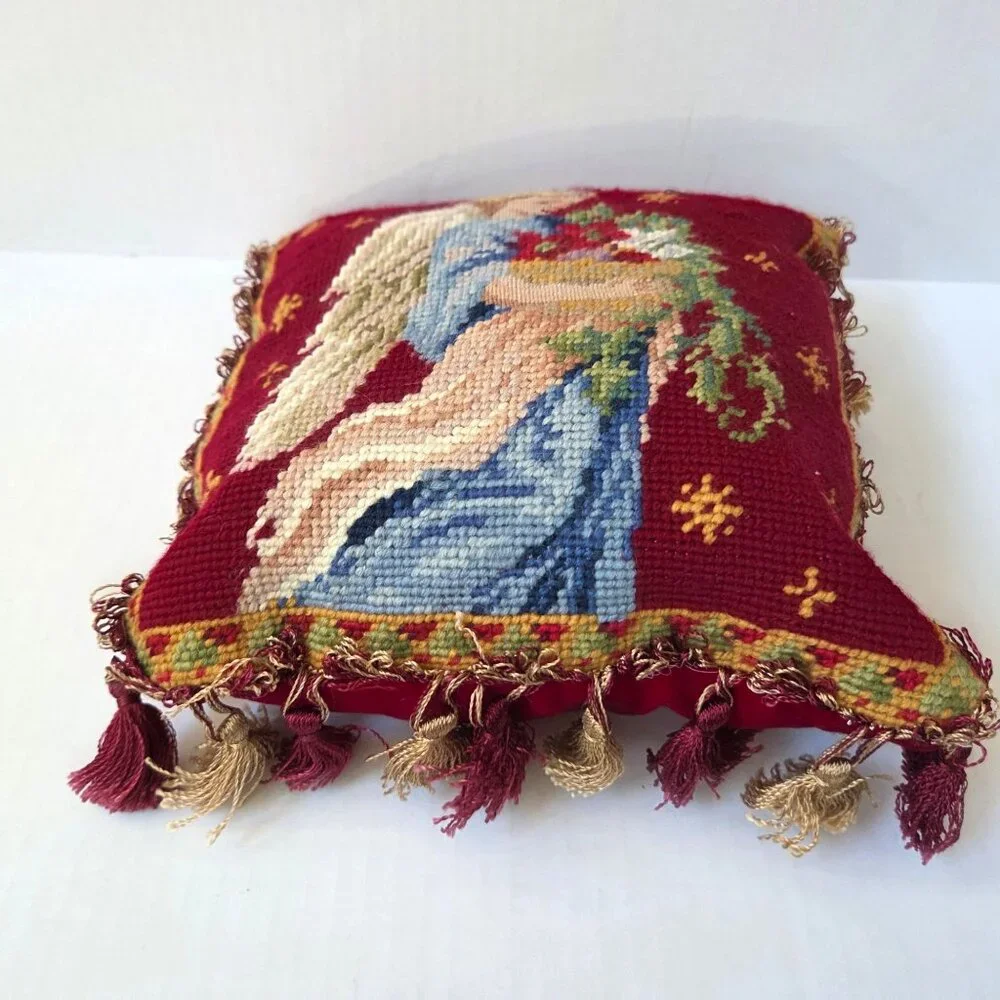 Christmas Needlepoint Pillow Angel Petit Point Tassels 9